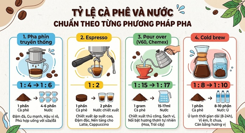 ty-le-ca-phe-va-nuoc-chuan-theo-tung-phuong-phap-pha